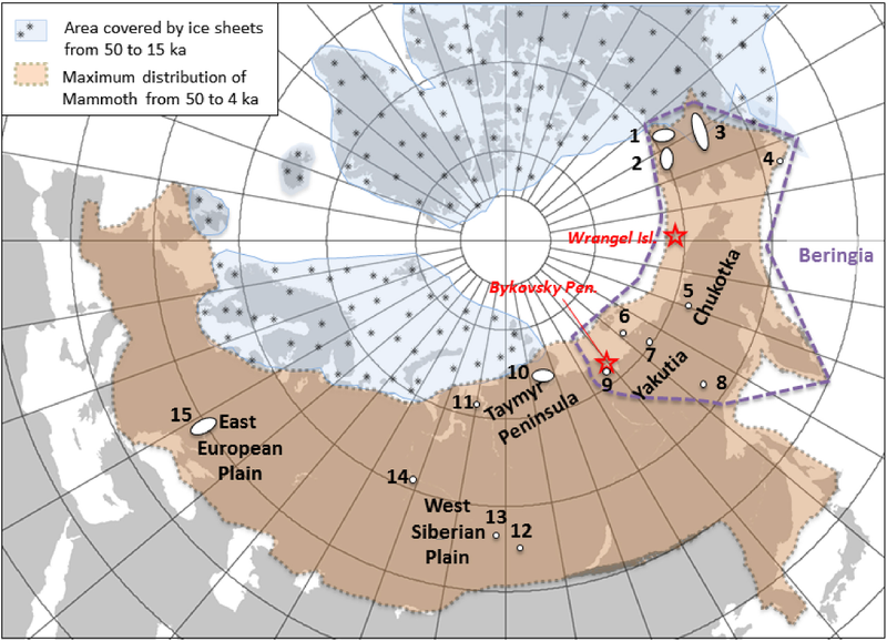 Map showing the locations of mammoths used in the new study (1 ka = 1000 years).